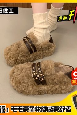 2024 Winter Thick-Soled Lamb Wool Loafers for Women with Belt Buckle, Versatile Plush Cotton Shoes