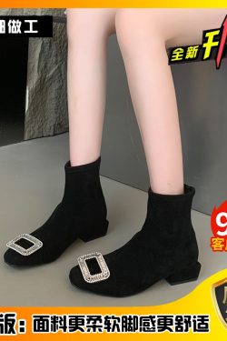 2024 Women's French-Style Short Boots, Rhinestone Square Buckle, Suede Chunky Heel, Fleece & Elastic Sock Design for Autumn/Winter