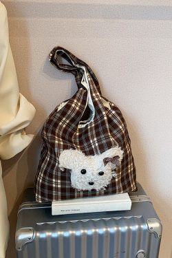 2025 Cute Cartoon Tote Bag for Women - Plaid Fabric Shoulder Bag with Color-Blocking Plush Design for Spring and Summer Commuting