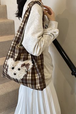 2025 Cute Cartoon Tote Bag for Women - Plaid Fabric Shoulder Bag with Color-Blocking Plush Design for Spring and Summer Commuting