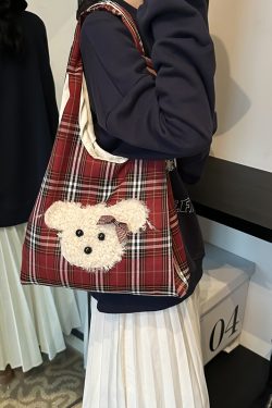 2025 Cute Cartoon Tote Bag for Women - Plaid Fabric Shoulder Bag with Color-Blocking Plush Design for Spring and Summer Commuting
