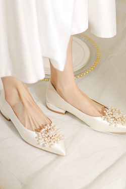 2025 Flat Wedding Shoes for Brides, Gentle Fairy Style Low-Heeled Bridesmaid Shoes, Comfortable Daily Wear