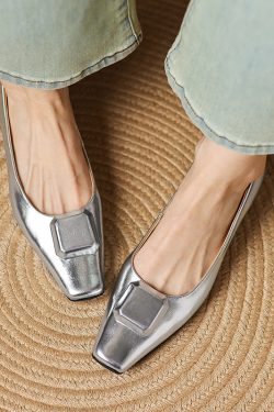 2025 New Genuine Leather Square Buckle Square Toe Shallow Mouth Low-Heeled Commuting Shoes for Women - French Style