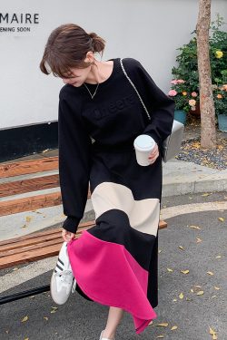 2025 Spring Women's Color-Blocking Long-Sleeve Dress, Casual Waist-Cinching Slim A-Line in Korean Style
