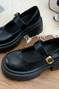 2025 Spring Women's Thick-Soled Chunky-Heeled Mary Jane Shoes - Black Retro Round-Toe Flats, British Style