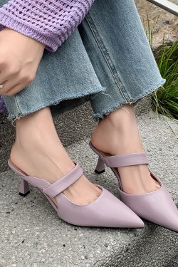 2025 Spring/Summer Korean-Style Pointed-Toe Backless Stiletto High Heels - Closed-Toe Half Slippers in Sheepskin with One-Strap Design