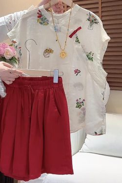 2025 Summer Casual Colorful Embroidered Asymmetrical Shirt and Shorts Set - Versatile Chinese Style Fashion
