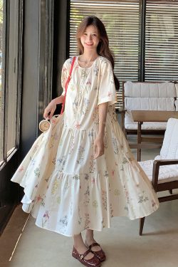 2025 Summer Forest Style Loose Floral Dress for Women - Youthful Mid-Length A-Line Skirt Trend