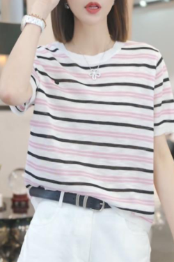 2025 Summer Korean Style Loose Color Block Striped T-Shirt for Women - Casual 90s Fashion Top