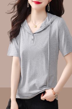 2025 Summer Pure Cotton Hooded Short Sleeve T-Shirt for Women, Stylish Casual Plus Size Top, Comfortable and Trendy Belly Coverage