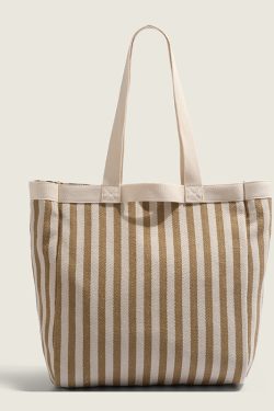 2025 Summer Striped Canvas Tote Bag for Women - Large Capacity Shoulder Handbag for Students and Commuters