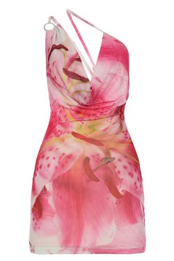 2025 Summer Vacation Floral Print Mini Dress - Sexy Ruffled Off-Shoulder Asymmetrical Design with Crossbody Round Ring Detail