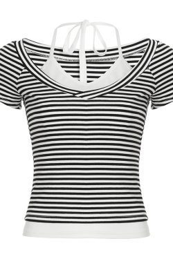 2025 Summer Women's Casual Halter Striped Color-Blocking V-Neck Short Sleeve Top - Versatile Fake Two-Piece T-Shirt