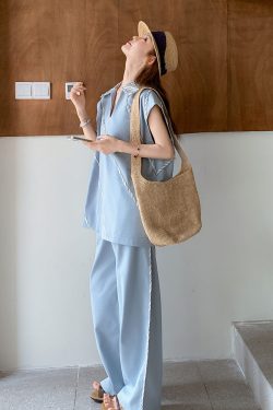 2025 Summer Women's Casual Polo Collar Top and Wide-Leg Pants Set, Loose Fit Two-Piece Outfit for Effortless Style