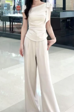 2025 Summer Women's Fashion Set - Diagonal Collar Tie Short Sleeve Top & Straight Casual Pants - Chic Two-Piece Ensemble