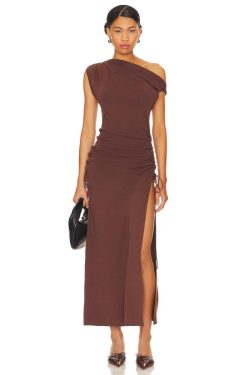 2025 Summer Women's Off-Shoulder Sleeveless Split Dress - Slim Fit Solid Color - Trendy European & American Fashion