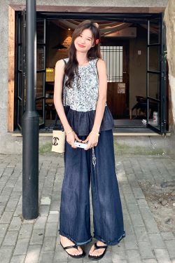 2025 Summer Women’s Retro Patchwork Sleeveless Vest and Denim Wide-Leg Pants Two-Piece Set, Casual Y2K Style