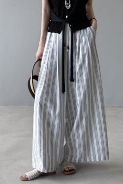 2025 Summer Women's Retro Vertical Striped Wide-Leg Linen Pants - Thin, Loose, Casual Style for Effortless Fashion