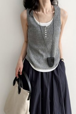 2025 Summer Women's Slim Fit Fake Two-Piece Knitted Vest - Versatile Fashionable Sleeveless Top