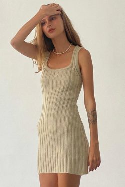 2025 Summer Women's Solid Color Wide Stripe Knitted Bodycon Mini Vest Dress - Elegant Slim Fit Fashion