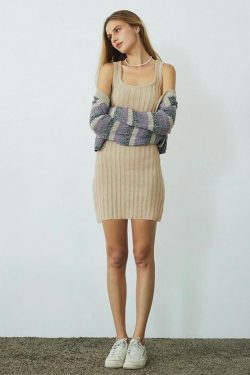 2025 Summer Women's Solid Color Wide Stripe Knitted Bodycon Mini Vest Dress - Elegant Slim Fit Fashion