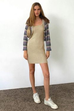 2025 Summer Women's Solid Color Wide Stripe Knitted Bodycon Mini Vest Dress - Elegant Slim Fit Fashion