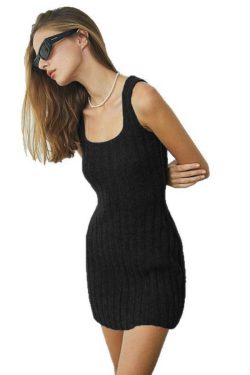 2025 Summer Women's Solid Color Wide Stripe Knitted Bodycon Mini Vest Dress - Elegant Slim Fit Fashion