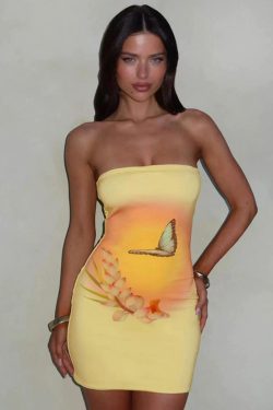 2025 Summer Women's Strapless Bodycon Dress with Butterfly Floral Print - Sexy Sleeveless Fashion for European and American Styles