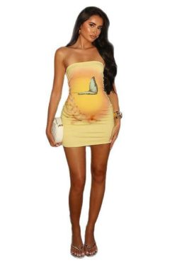 2025 Summer Women's Strapless Bodycon Dress with Butterfly Floral Print - Sexy Sleeveless Fashion for European and American Styles