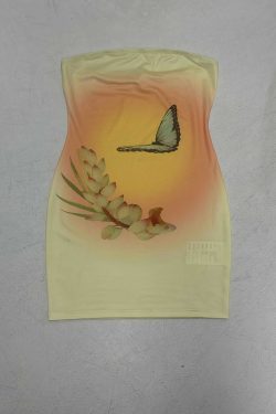 2025 Summer Women's Strapless Bodycon Dress with Butterfly Floral Print - Sexy Sleeveless Fashion for European and American Styles