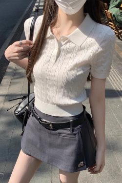 2025 Summer Women's Unique Polo Neck Knitted Short Sleeve Top - Stylish Casual Fashion Essential