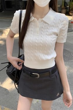 2025 Summer Women's Unique Polo Neck Knitted Short Sleeve Top - Stylish Casual Fashion Essential