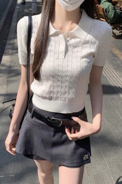 2025 Summer Women's Unique Polo Neck Knitted Short Sleeve Top - Stylish Casual Fashion Essential