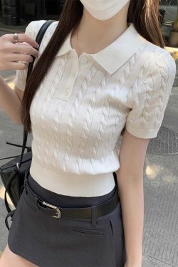 2025 Summer Women's Unique Polo Neck Knitted Short Sleeve Top - Stylish Casual Fashion Essential