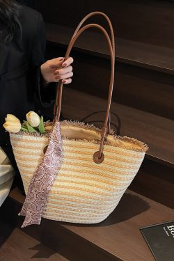 2025 Summer Woven Tote Bag for Women - Large Capacity Beach Basket Shoulder Bag, Trendy Vacation Style