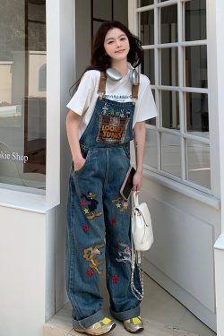 2025 Trendy Loose BF Style Wide-Leg Denim Overalls with Micro-Flare, Small Size, Casual Chic Fashion