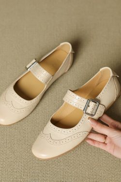 2025 Women's Genuine Leather Mary Jane Flats - French Brogue Small Leather Shoes with Single Strap, Soft Ballet Style