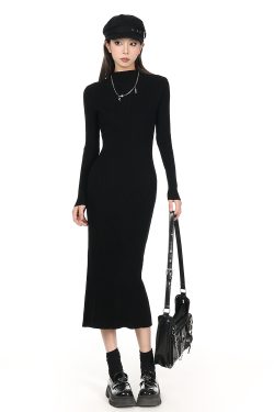 2025 Women's Half-High Collar Knitted Sweater Dress - Knee-Length, Elegant Style for Chic Fall Looks