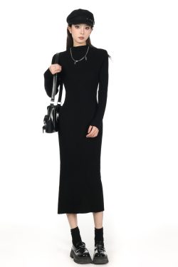 2025 Women's Half-High Collar Knitted Sweater Dress - Knee-Length, Elegant Style for Chic Fall Looks