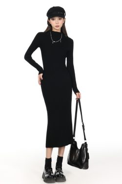 2025 Women's Half-High Collar Knitted Sweater Dress - Knee-Length, Elegant Style for Chic Fall Looks