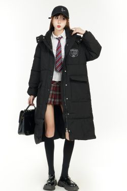 2025 Women's Hooded Knee-Length Cotton Puffer Coat, Spring College Style Thickened Jacket