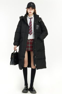 2025 Women's Hooded Knee-Length Cotton Puffer Coat, Spring College Style Thickened Jacket