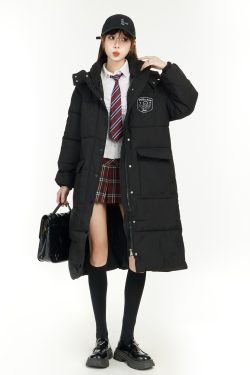 2025 Women's Hooded Knee-Length Cotton Puffer Coat, Spring College Style Thickened Jacket