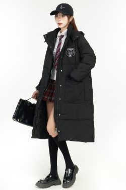 2025 Women's Hooded Knee-Length Cotton Puffer Coat, Spring College Style Thickened Jacket