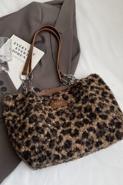 2025 Women's Leopard Print Tote Bag - Large Capacity Plush Lamb Wool Shoulder Bag for Spring and Summer Commuting