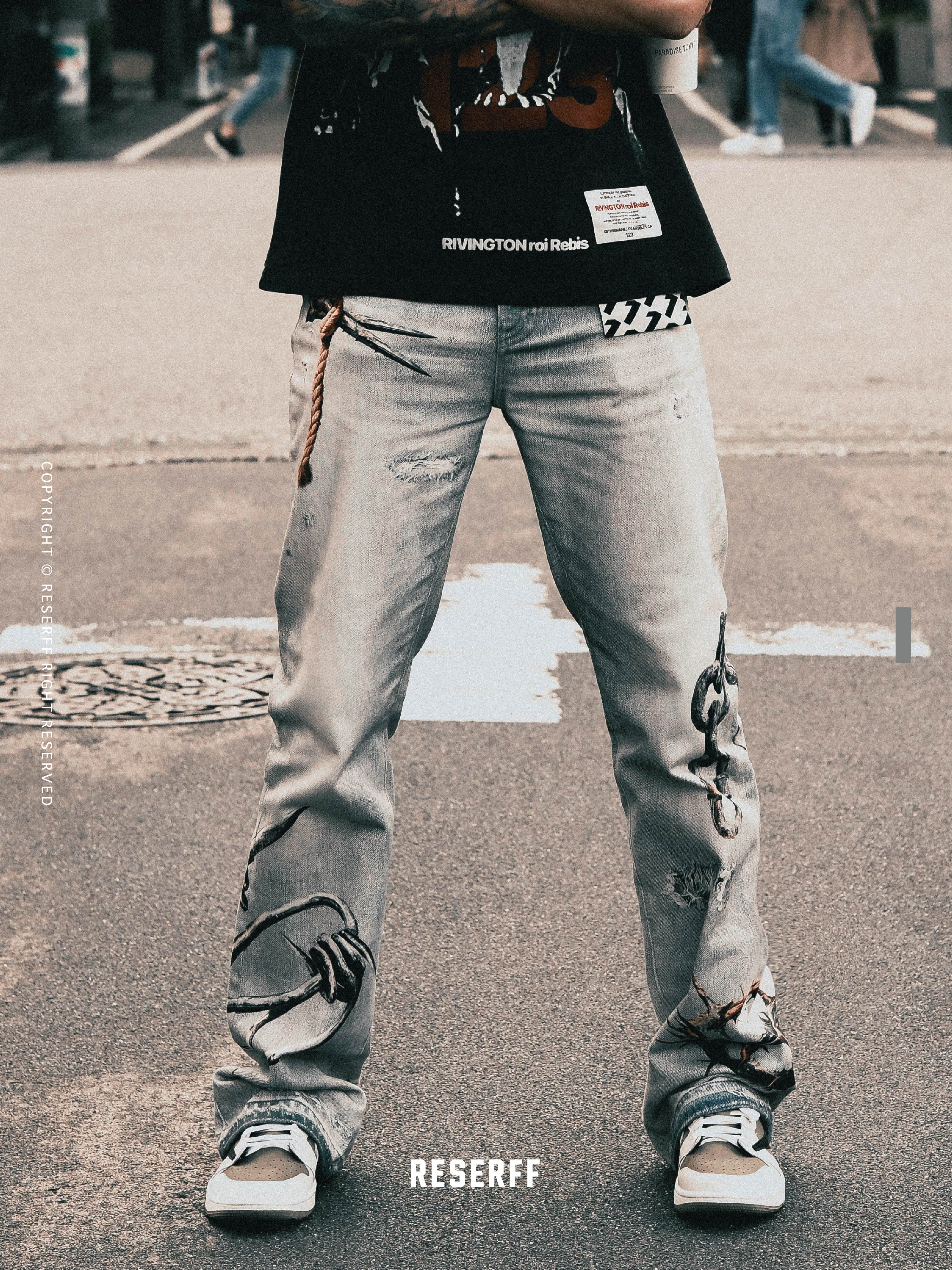 3D Digital Print Washed Distressed Wide-Leg Flared Jeans with RIRI Zipper - Y2K Inspired Fashion Statement