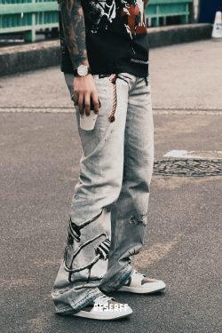 3D Digital Print Washed Distressed Wide-Leg Flared Jeans with RIRI Zipper - Y2K Inspired Fashion Statement