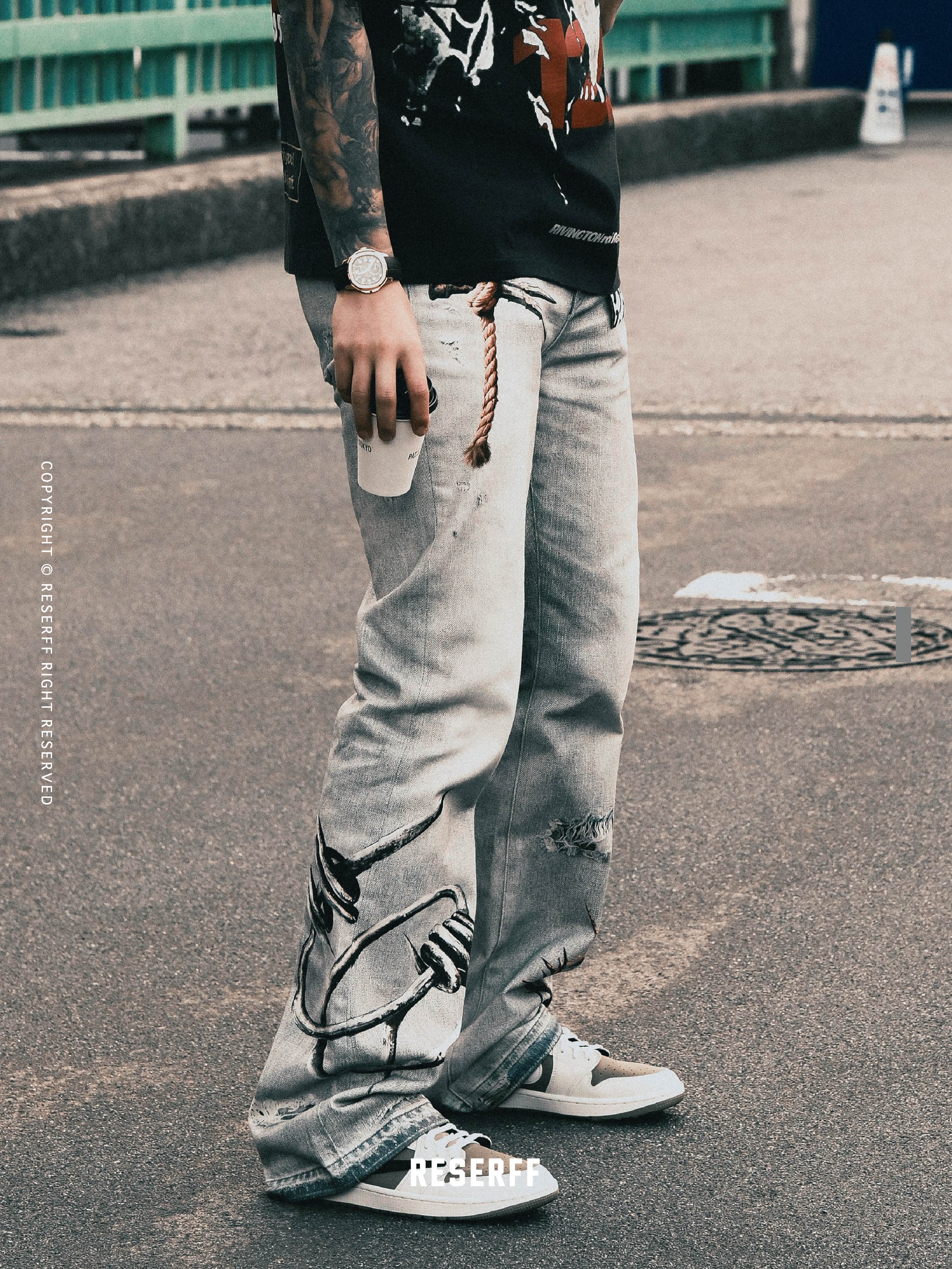 3D Digital Print Washed Distressed Wide-Leg Flared Jeans with RIRI Zipper - Y2K Inspired Fashion Statement
