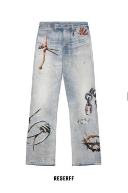 3D Digital Print Washed Distressed Wide-Leg Flared Jeans with RIRI Zipper - Y2K Inspired Fashion Statement