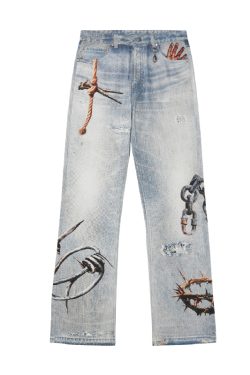 3D Digital Print Washed Distressed Wide-Leg Flared Jeans with RIRI Zipper - Y2K Inspired Fashion Statement